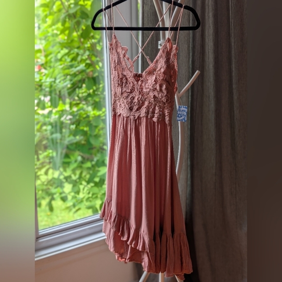 82.Nwt Free People Elegant Lace Trim Pink Dress - Picture 2 of 4